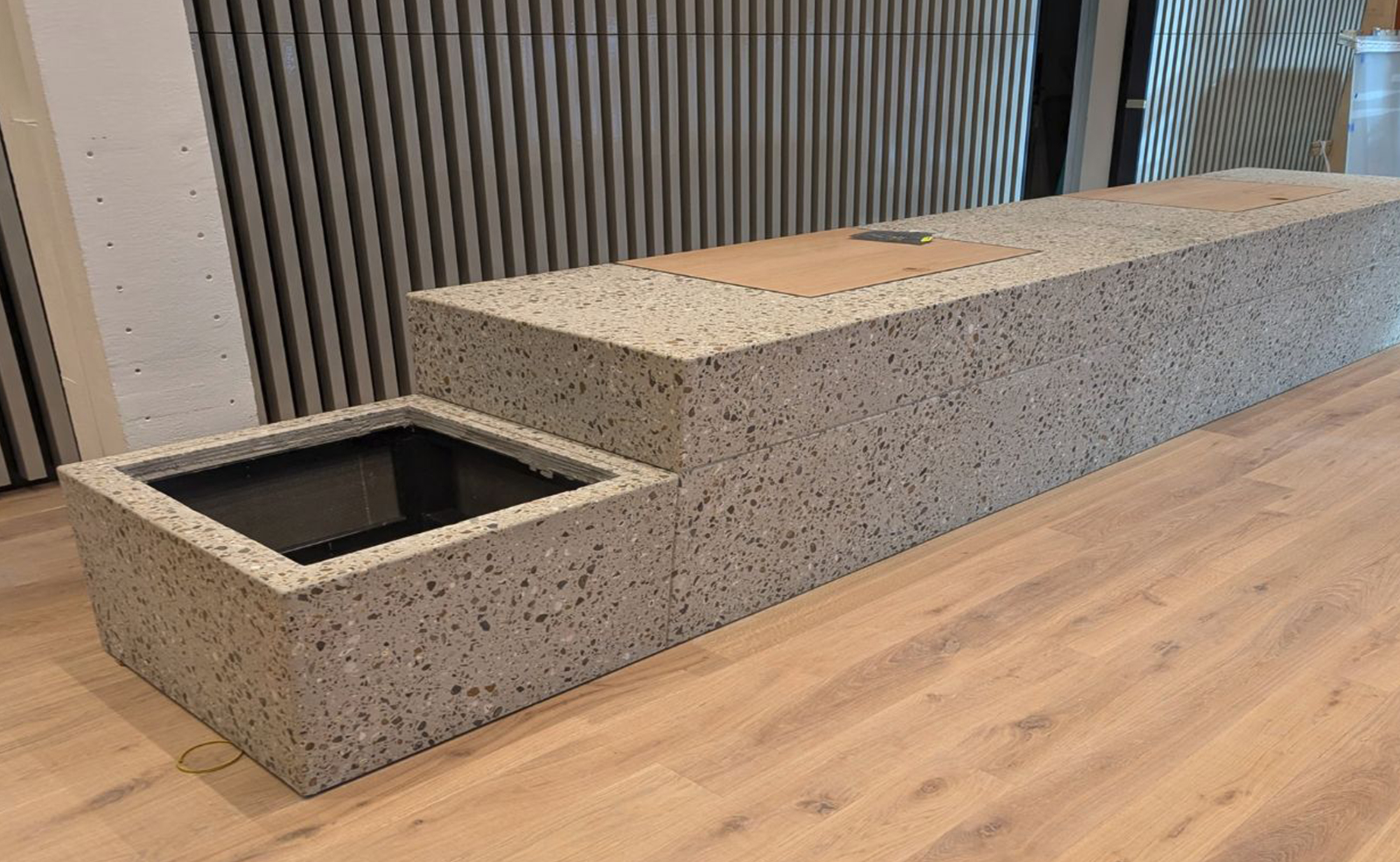 bespoke terrazzo reception desk at 100 Fetter