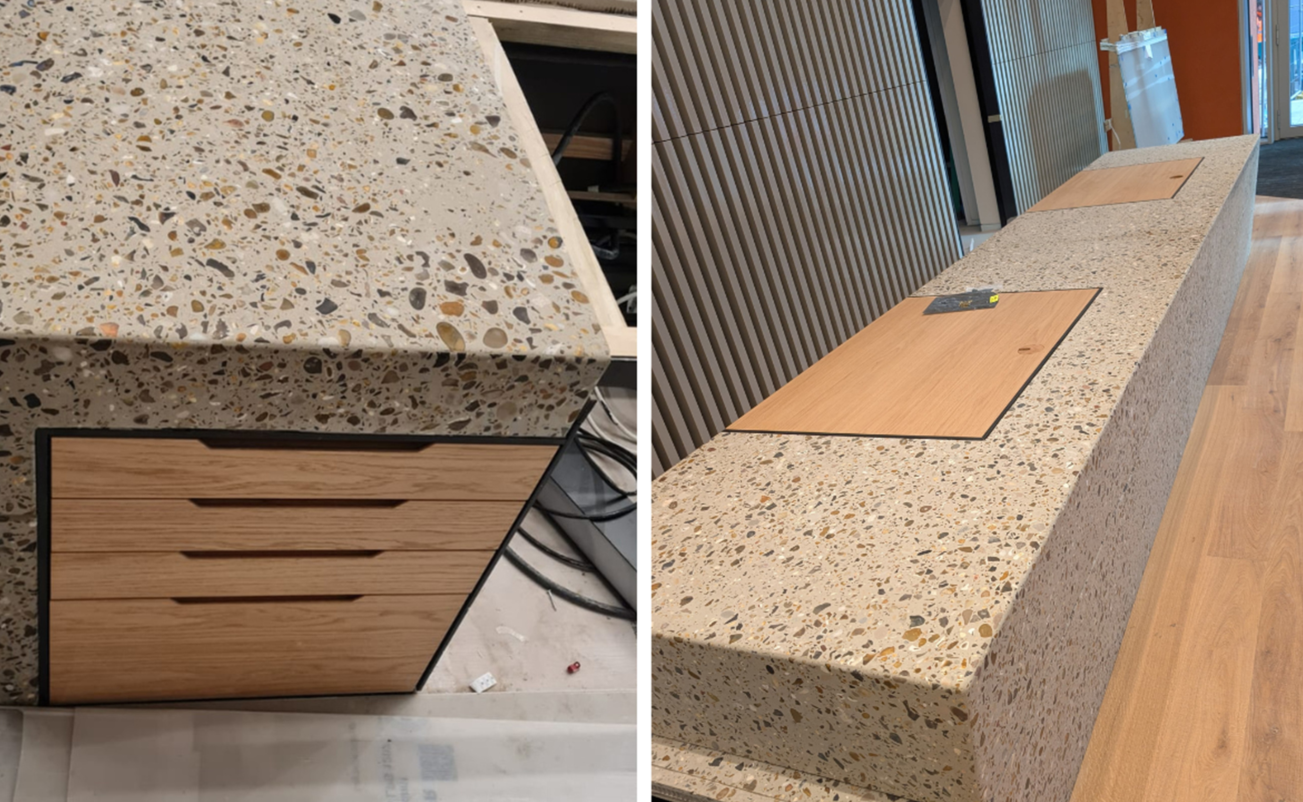 bespoke terrazzo reception desk at 100 Fetter